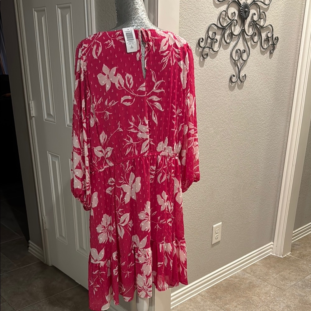 Torrid Pink Floral Mini Clip Dot Voluminous Baby Doll Lined Dress - Picture 3 of 4
